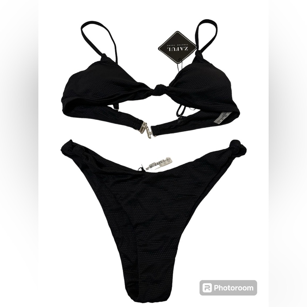 ZAFUL Ribbed Colorblock Cut Out Bikini Swimwear - Deep Green M and Black- Set